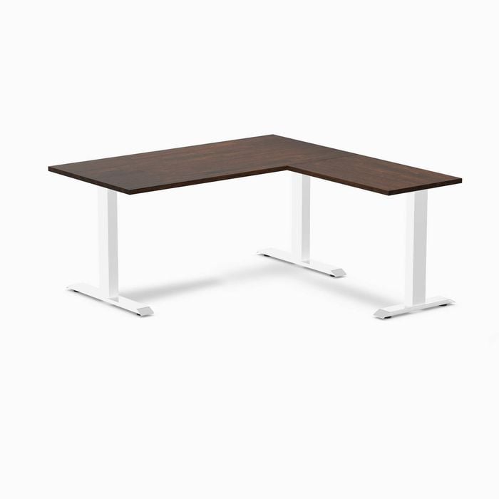 Desky Fixed Height Dark Walnut Rubberwood L-shape Office Desk 1500x1550mm White Frame