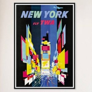 Galrie New York Vintage Travel Poster: A Timeless Tribute to NYC's Iconic Landmarks, Black Frame, A0 84 x 119cm (33 x 47inch)