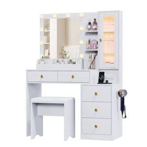 Advwin Dressing Table Makeup Mirror Stool Set with Charging Station & LED Light & Glass Jewelry Display Cabinet White