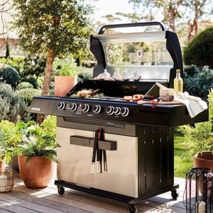 A new barbecue in an outdoor setting with various pot plants and lanterns nearby on a wooden deck