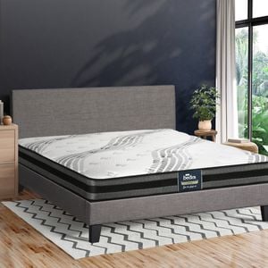 Oikiture Bed Frame with Double Mattress Set Wooden Slats Grey Fabric