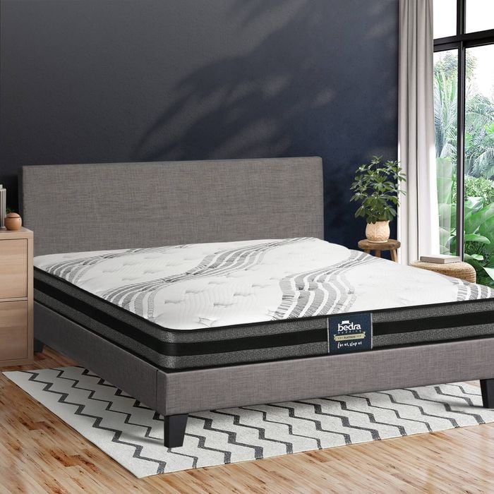 Oikiture Bed Frame with Double Mattress Set Wooden Slats Grey