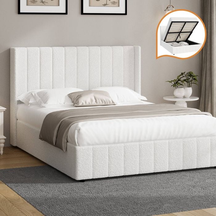 Oikiture Bed Frame Gas Lift Base Double Size Boucle Fabric