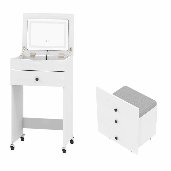 Costway 3in1 Compact Vanity Desk Storage Chair Flip Mirror Light Drawer