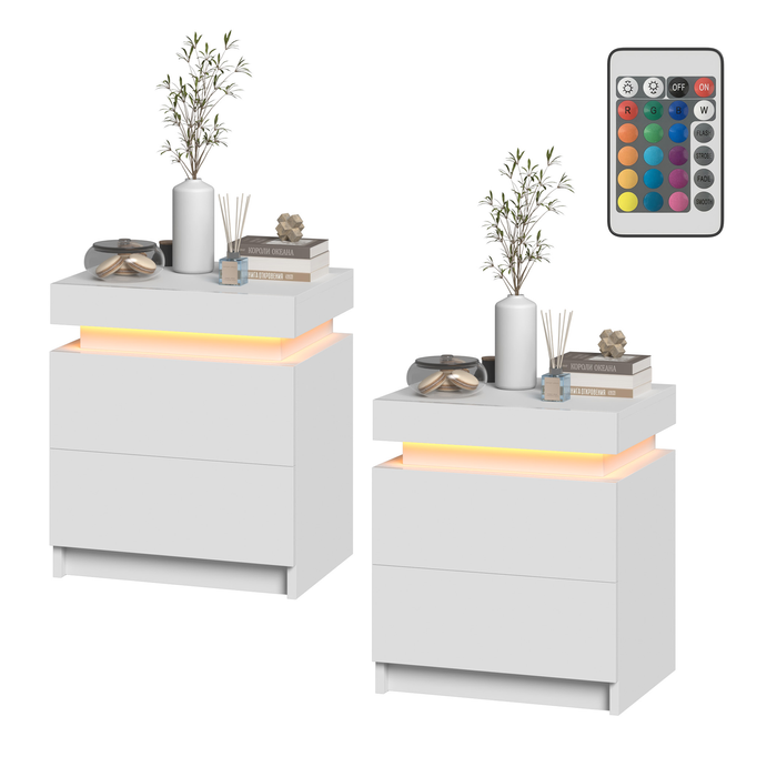 Ufurniture White Bedside Table Set of 2 LED RGB 2 Drawers Nightstand With Lift Up Storage Cabinet