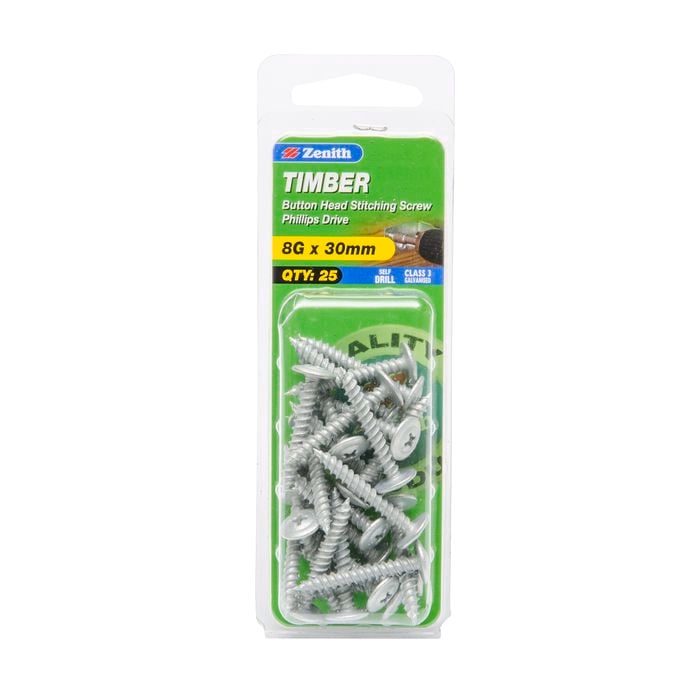 Zenith 8G x 30mm Galvanised Button Head Stitching Timber Screws - 25 Pack