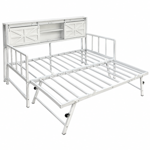Ufurniture Single Daybed Frame with Pop-Up Trundle, Metal Bed, Barn Door Storage Headboard, Charging Station, White