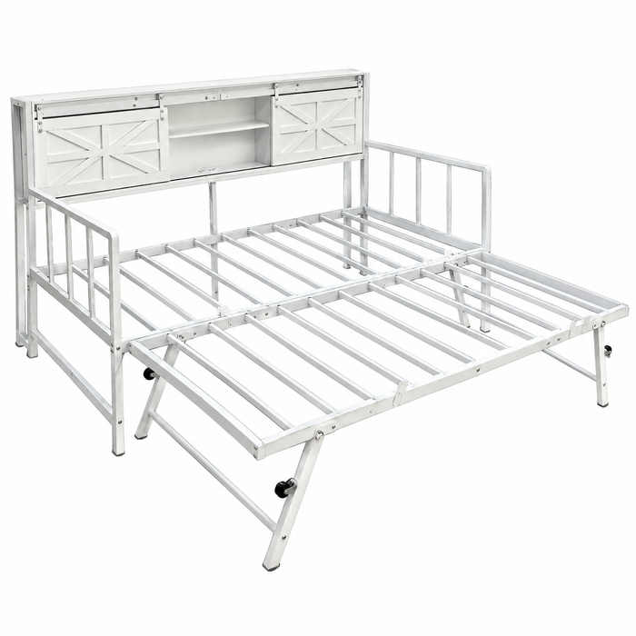 Ufurniture Single Daybed Frame with Pop-Up Trundle, Metal Bed, Barn Door Storage Headboard, Charging Station, White