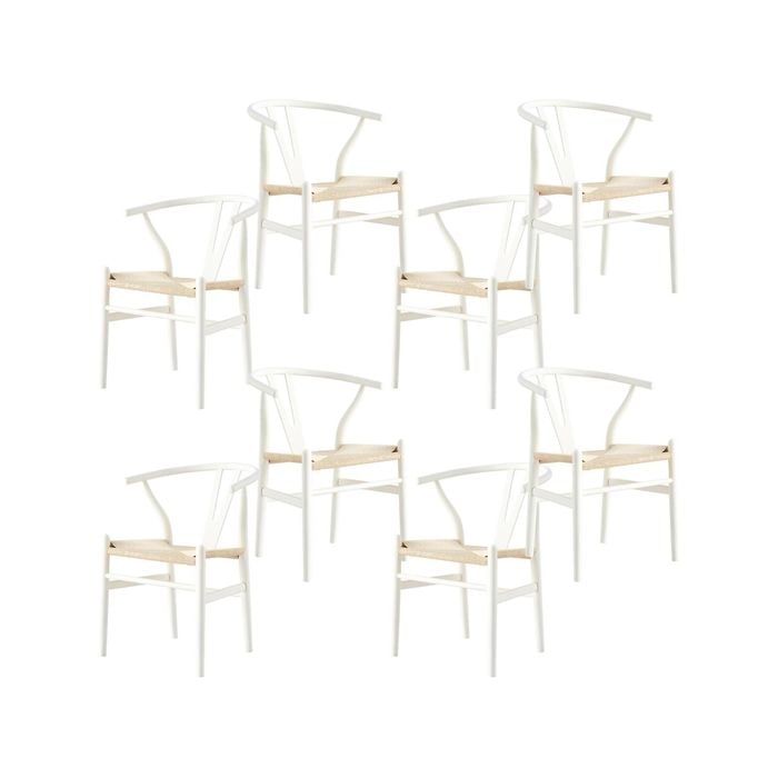 Anemone  Set of 8 Wishbone Dining Chair Beech Timber Replica Hans Wenger - White