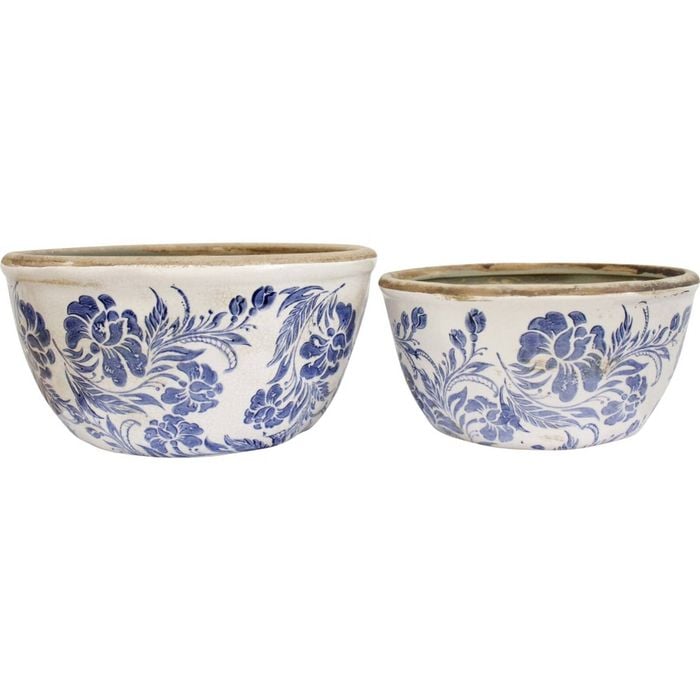 2pc Lvd Handcrafted Low Vintage Blue Ceramic Planter Set Outdoor Decor Lrg/sml