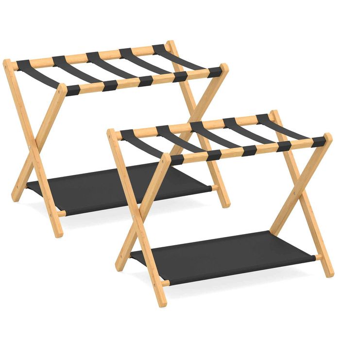 Costway 2 Folding Bamboo Luggage Rack Nylon Strap Oxford Cloth Natural
