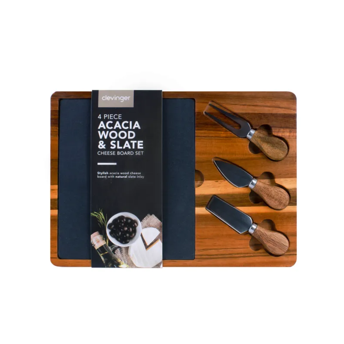 Clevinger 4 Piece Acacia Wood & Slate Cheese Board With Knife Set