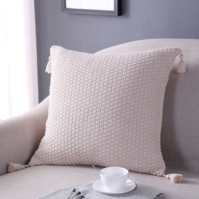 CottonMore Cotton Knitted Tassel Cushion Cover Beige 45x45cm