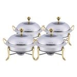 SOGA 4X Stainless Steel Round Chafing Dishes with Glass Lids & Gold Accents