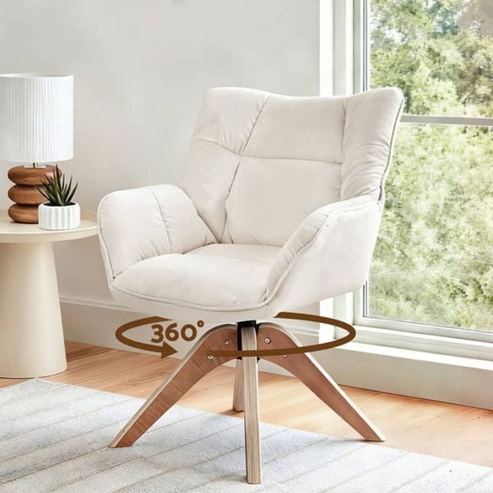Homfurn 360° Swivel Velvet Armchair , Curved Armrests, Rubber Wood Legs, White
