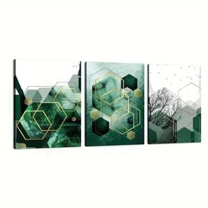 3 Set of Geometric Art Green Copper Shapes  Print 100% Australian Made 3 x 60x90cm  (Stretched)