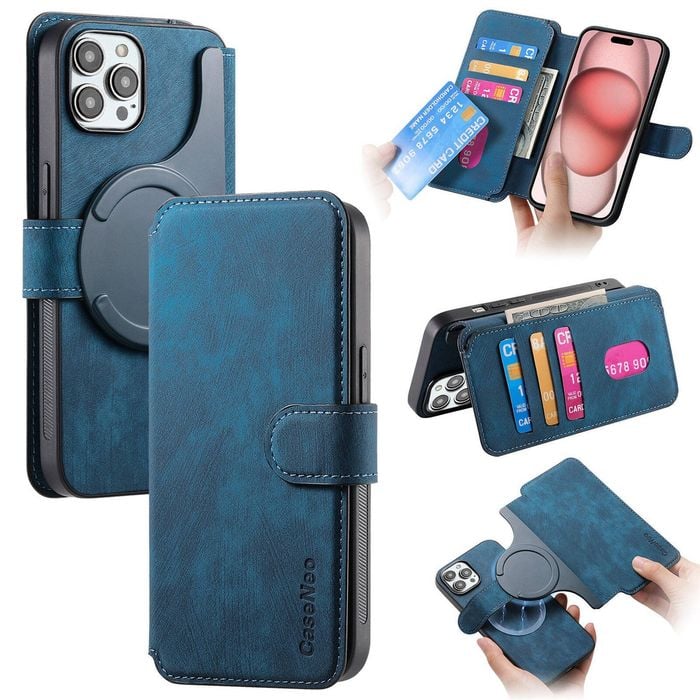 For iPhone 16 Pro Detachable Wallet Case Flip Leather Magsafe Magnetic Cover (Blue)