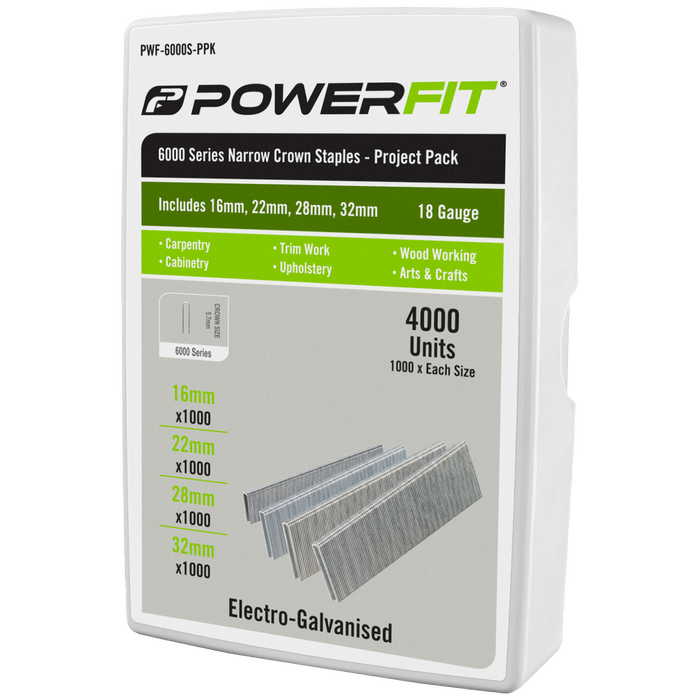 PowerFit 6000 Series Narrow Crown Electro-Galvanised Staples Project Pack - 4000 Pack