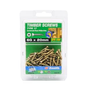 Zenith 6G x 20mm Gold Passivated Type 17 Countersunk Head Timber Screws - 100 Pack