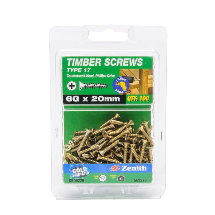 Zenith 6G x 20mm Gold Passivated Type 17 Countersunk Head Timber Screws - 100 Pack