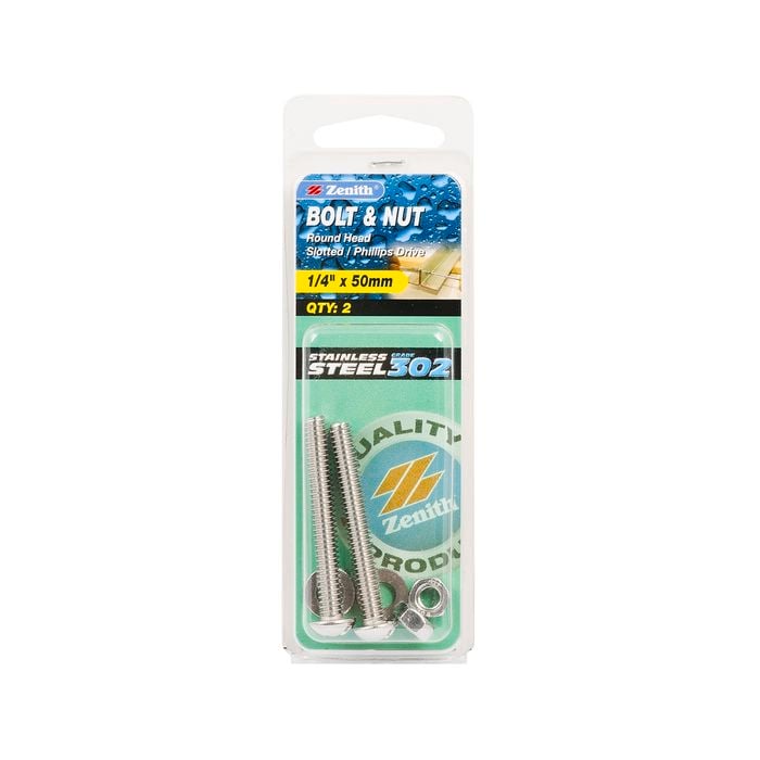 Zenith 1/4" x 50mm Stainless Steel Round Head Bolt And Nut - 2 Pack