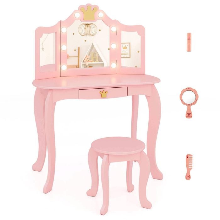 Costway Tri-fold Mirror Kids Dressing Table Xmas Gift W/3-color Leds - Pink