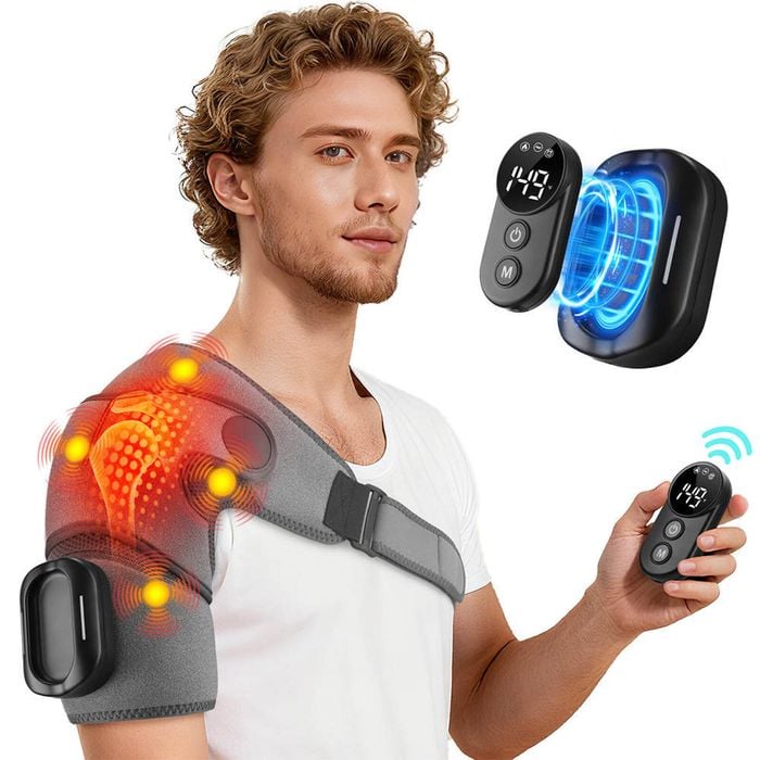 Catzon Cordless Shoulder Heating Pad With Massage For Pain Relief Detachable Magnetic Controller-grey