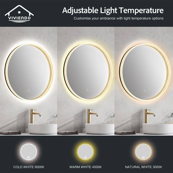 Viviendo 70cm Round LED Wall Mirror Anti-fog Vanity Bathroom Mirrors ...