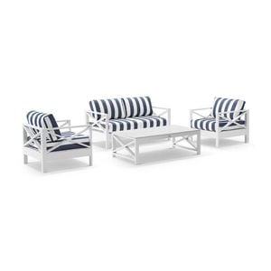 Kansas 2+1+1 Seater Lounge Set Coffee Table White & Navy Stripe Cushions