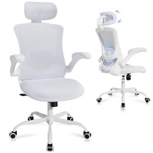 Oakory Ergonomic Office Chair, High Back Mesh Chair With Adjustable Headrest, Lumbar Support, Flip-up Armrests White