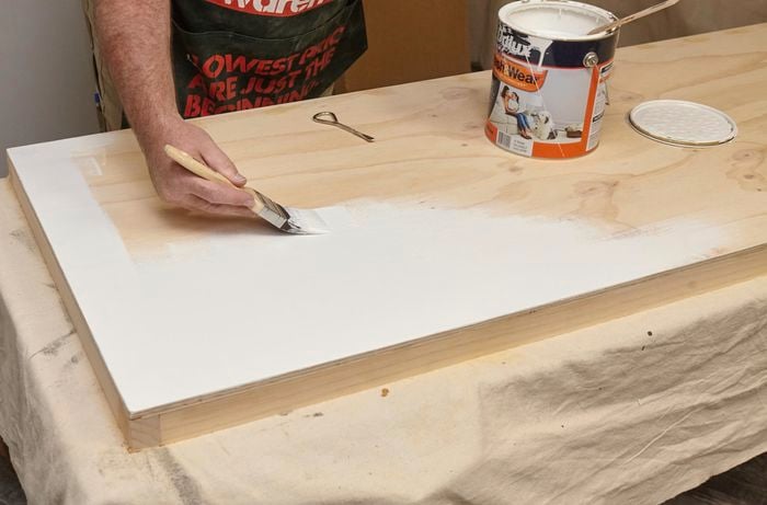 A person painting a plywood panel white