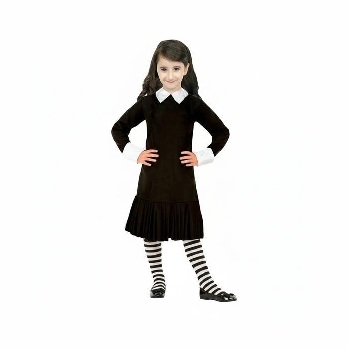 More Than Party Kids Wednesday Costume Pleated Dress/Striped Stockings 10-12y
