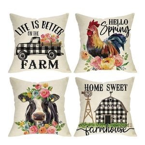 Catzon 4 Pcs Vintage Throw Pillow Covers Linen Farmhouse Home Decor-Set H