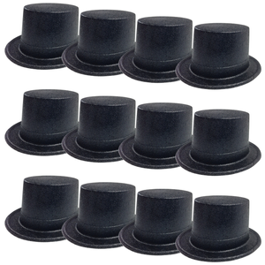 12x GLITTER TOP HAT Fancy Party Plastic Costume Tall Cap Fun Dress Up BULK Black