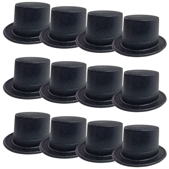 12x GLITTER TOP HAT Fancy Party Plastic Costume Tall Cap Fun Dress Up BULK Black