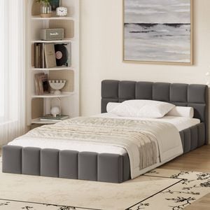 Oikiture Bed Frame King Single Size Tufted Headboard Grey Velvet