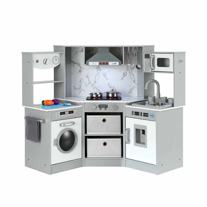Keezi 112cm Wooden Pretend Kitchen Playset Kids Toy Sink Stove Grey