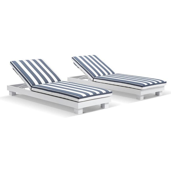 Santorini Outdoor Aluminium Pool Sun Lounge Set White & Navy Stripe Cushions