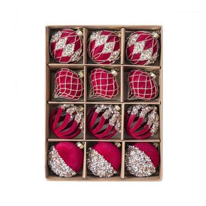 Catzon 12 Pcs Velvet Christmas Balls 6CM with Rhinestone for Holiday Party Decor-Wine Red