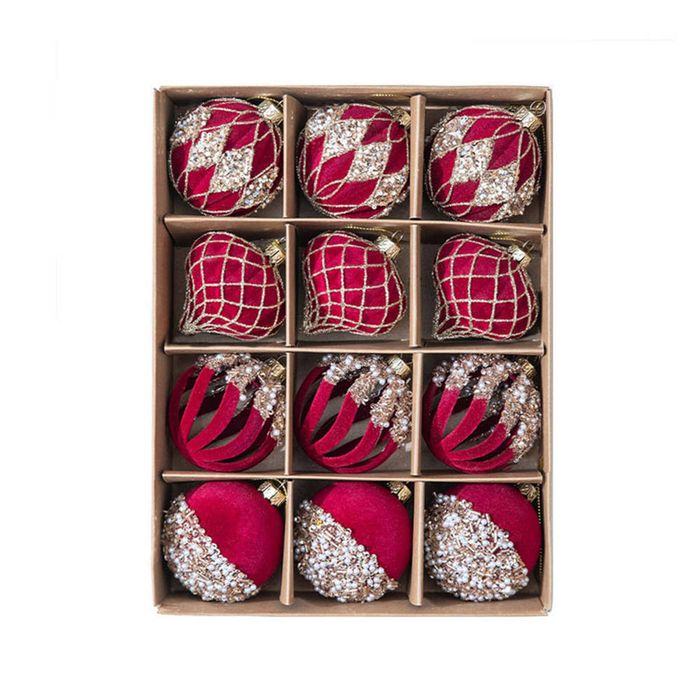 Catzon 12 Pcs Velvet Christmas Balls 6CM with Rhinestone for Holiday Party Decor-Wine Red