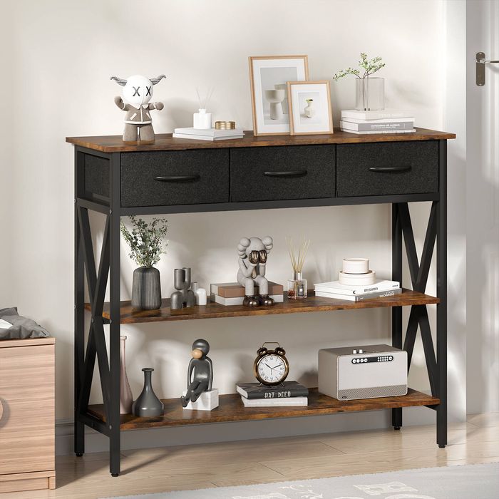 Advwin 3-Tier Console Table w/ 3 Drawers Hallway Table Narrow Entryway Display Table Walnut