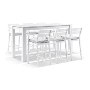 Santorini Outdoor Aluminium 2m Bar Table White With 6 Stools & Textured Grey Cushions