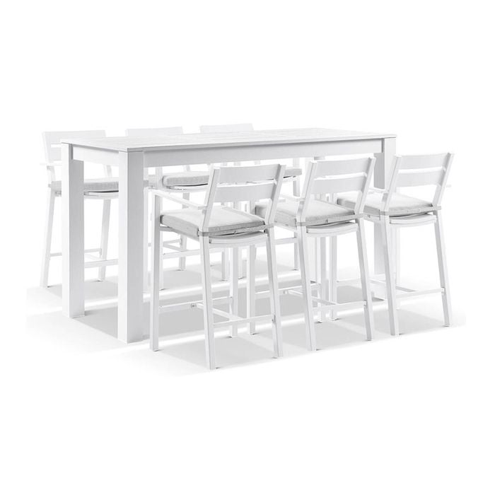 Santorini Outdoor Aluminium 2m Bar Table White With 6 Stools & Textured Grey Cushions