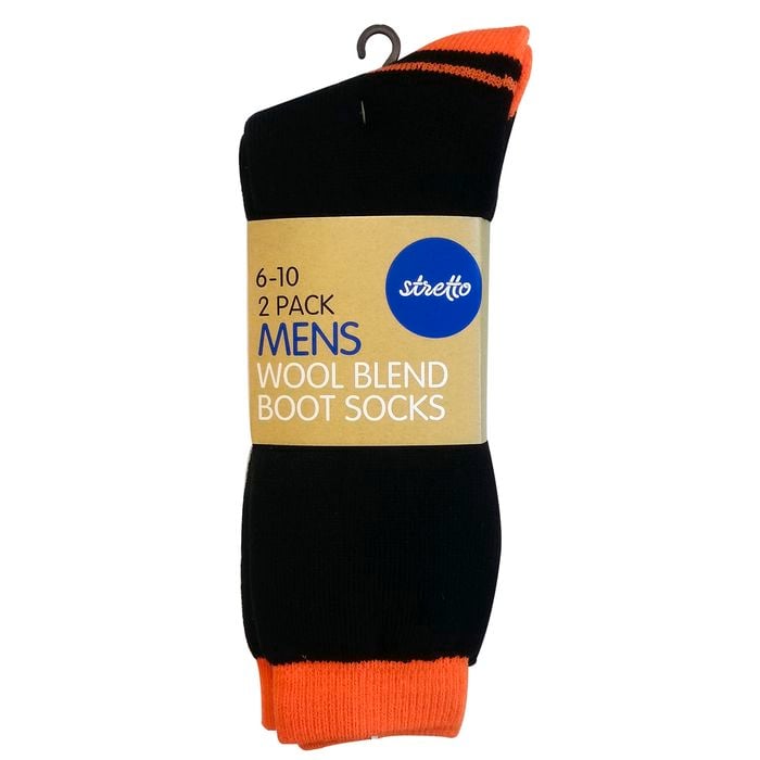 Stretto Mens Hi Viz Wool Blend Boot Sock Size 6 -10 Black With Fluro Trim 2pk