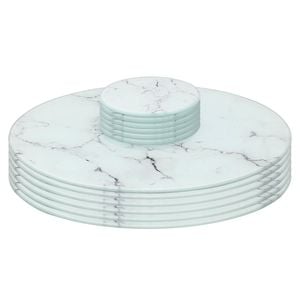 12pc Round Glass Placemats & Round Coasters - 30cm - Marble Effect - Dining Table Protection Place Mats Coasters