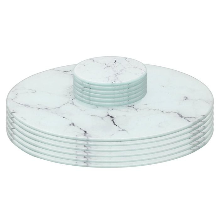 12pc Round Glass Placemats & Round Coasters - 30cm - Marble Effect - Dining Table Protection Place Mats Coasters