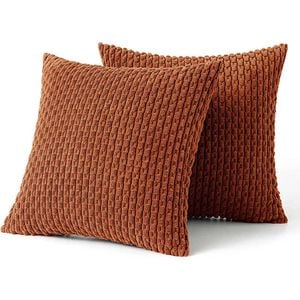 Catzon 2 Pcs Throw Pillow Covers Soft Striped Corduroy Cushion Case for Couch 50X50cm-Brick Red