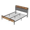 Ufurniture Bed Frame Double Metal Frame Storage Headboard with Charging Station and USB Ports Brwon & Grey