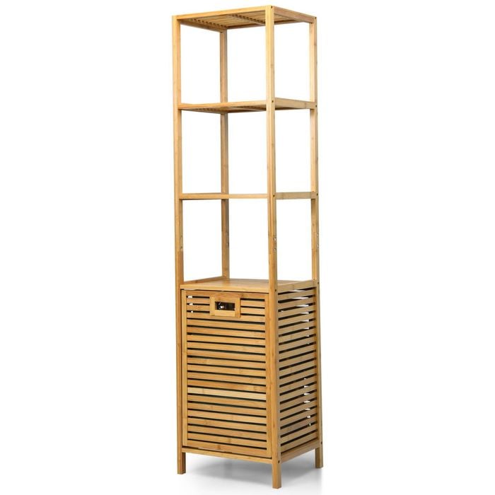 Costway Bamboo Tower Storage Shelf Tilt-out Laundry Hamper Display Rack