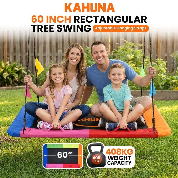 Kahuna Heavy Duty 60 Inch Rectangular Tree Swing With Adjustable Lifting Ropes Foam Padded Tubes And Full Accessory Kit